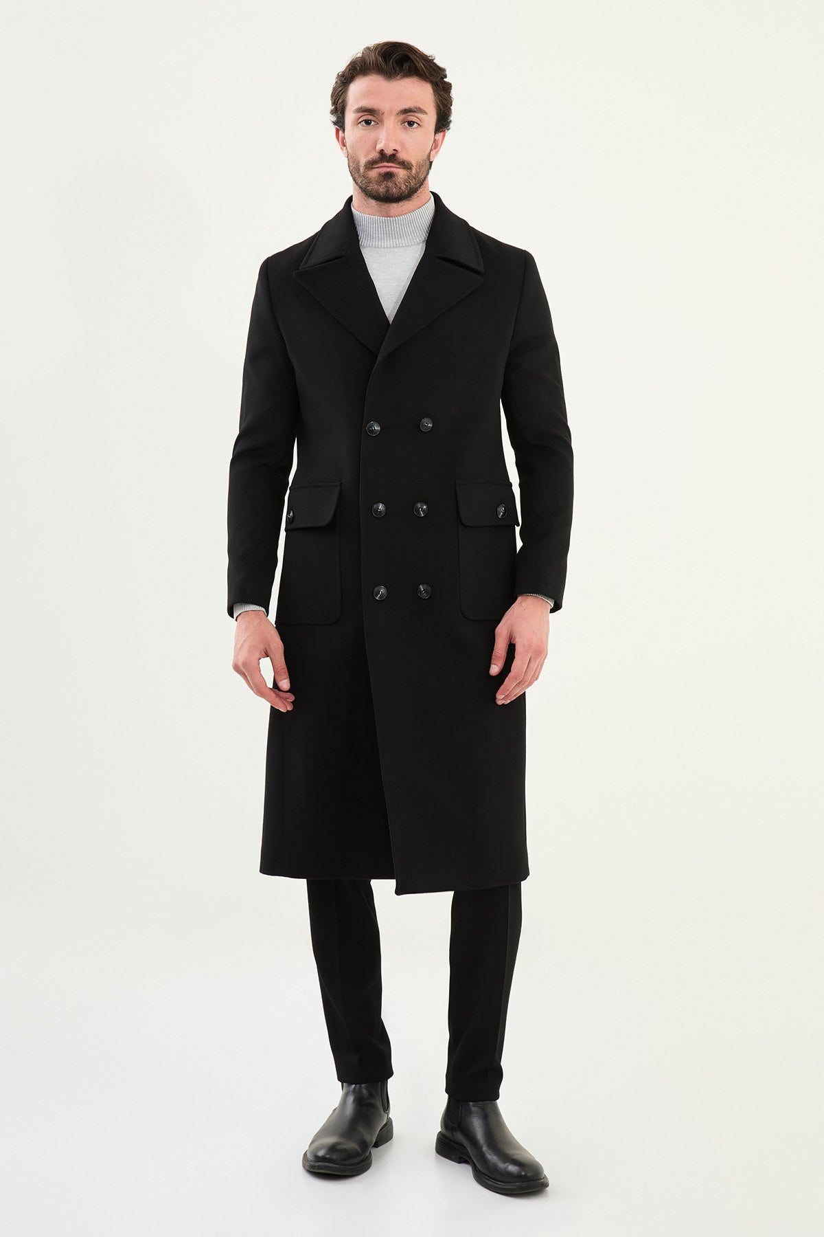 Men’s Classic Black Double-Breasted Long Trench Coat