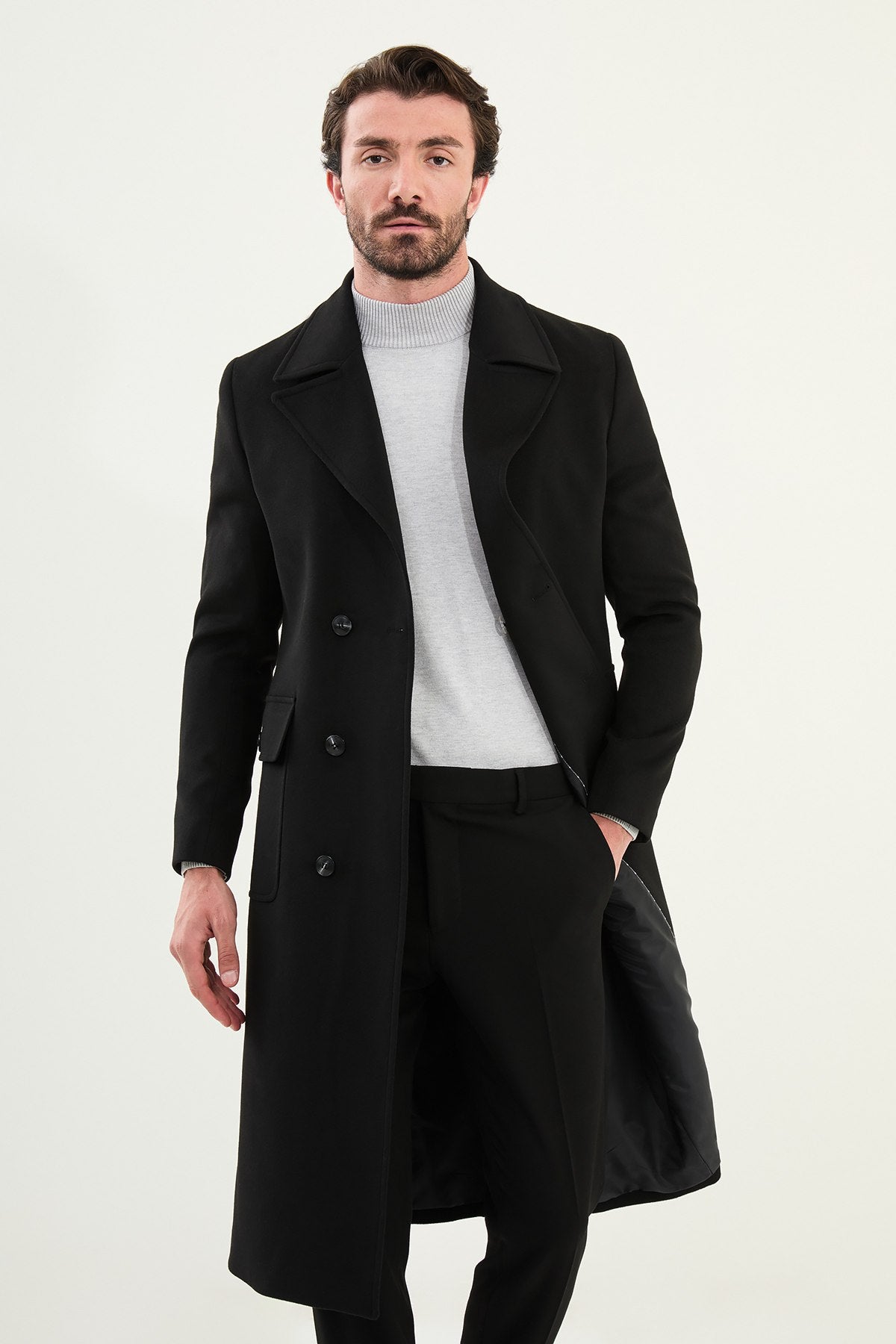 Men’s Classic Black Double-Breasted Long Trench Coat