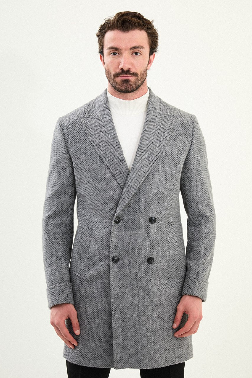 Men’s Gray Herringbone Double-Breasted Slim Fit Coat