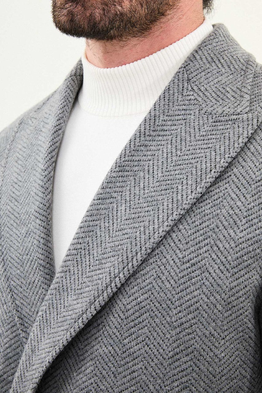 Men’s Gray Herringbone Double-Breasted Slim Fit Coat