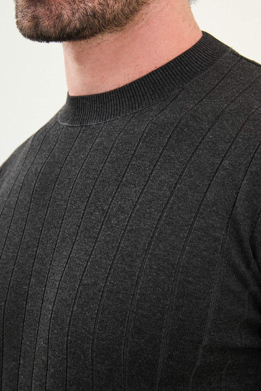 Men’s Gray Ribbed Slim Fit Knitwear Sweater