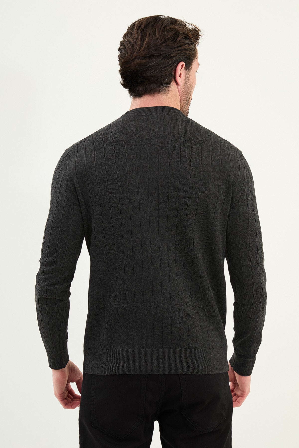 Men’s Gray Ribbed Slim Fit Knitwear Sweater