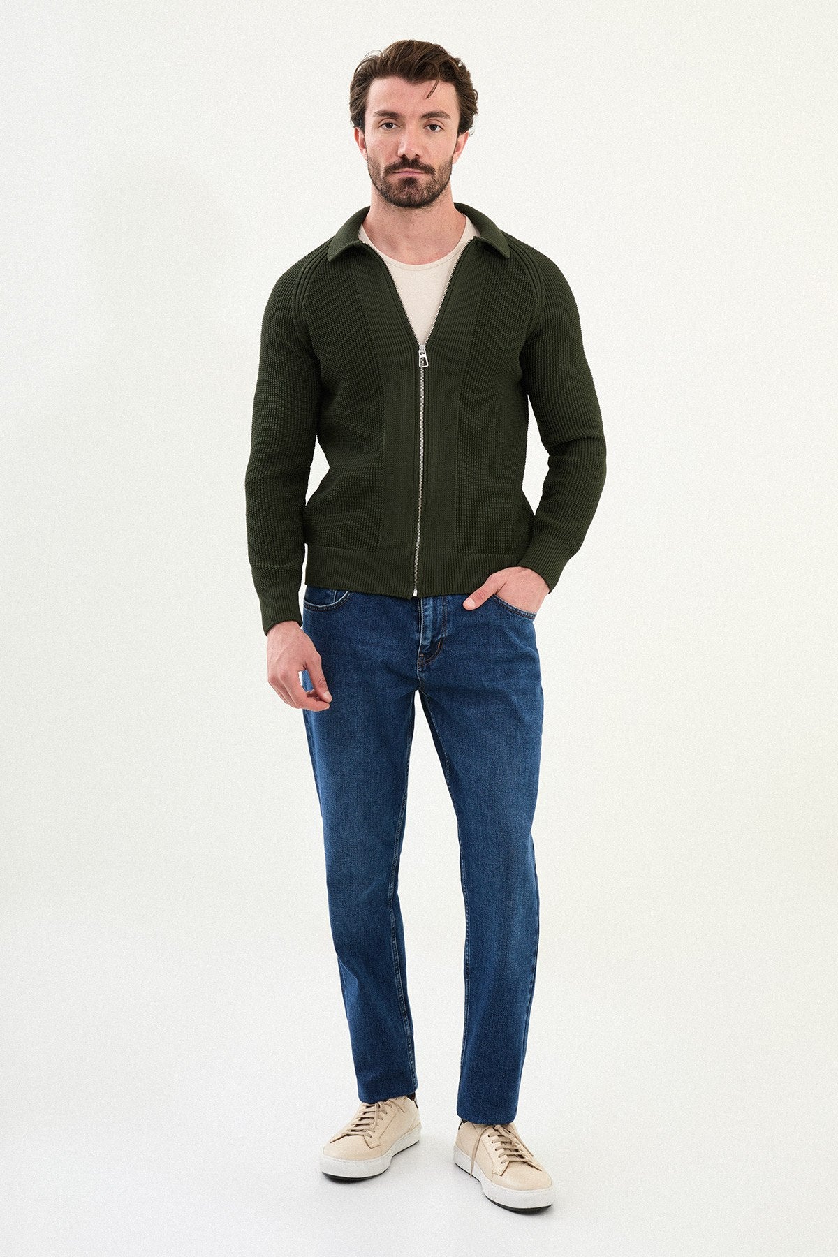 Men’s Green Ribbed Slim Fit Zip-Up Knitwear Sweater