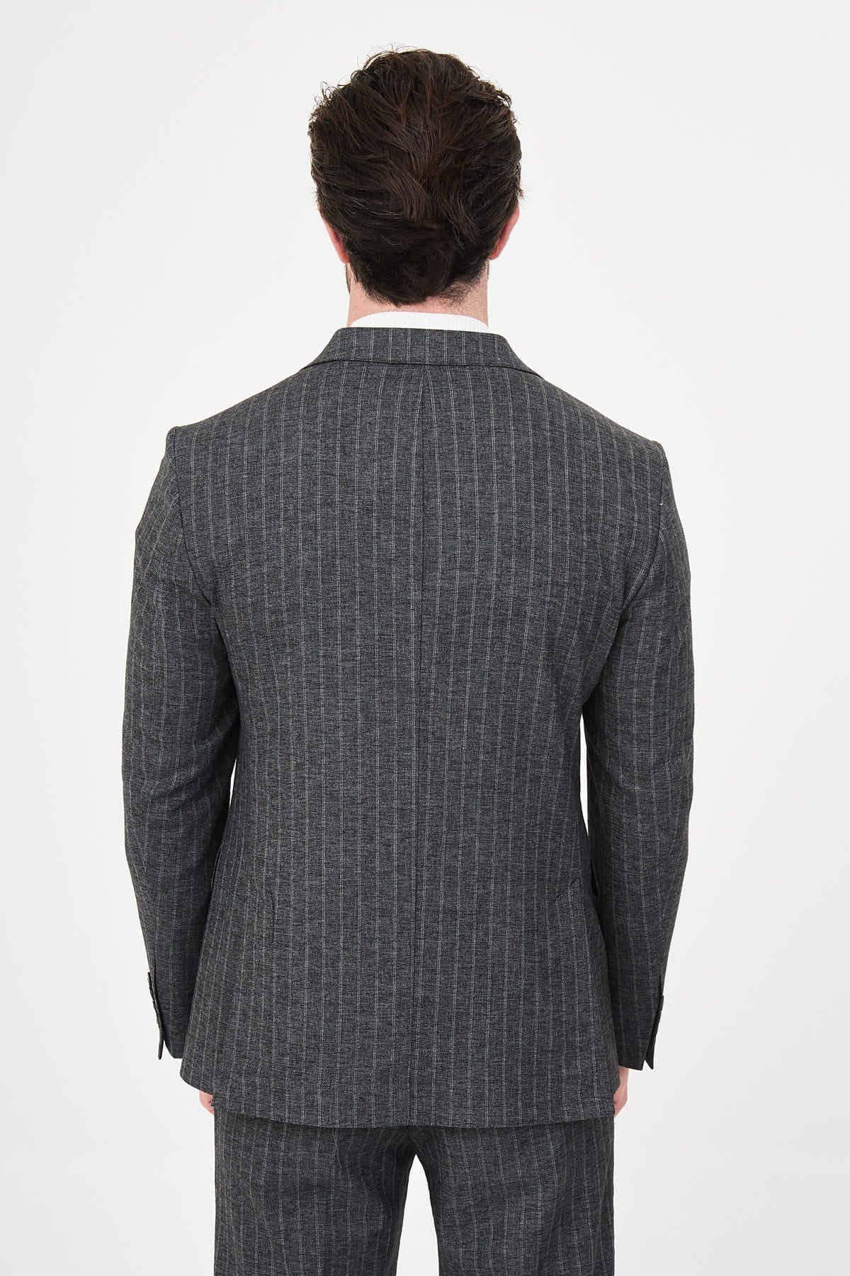 Grey pinstripe slim fit suit detail