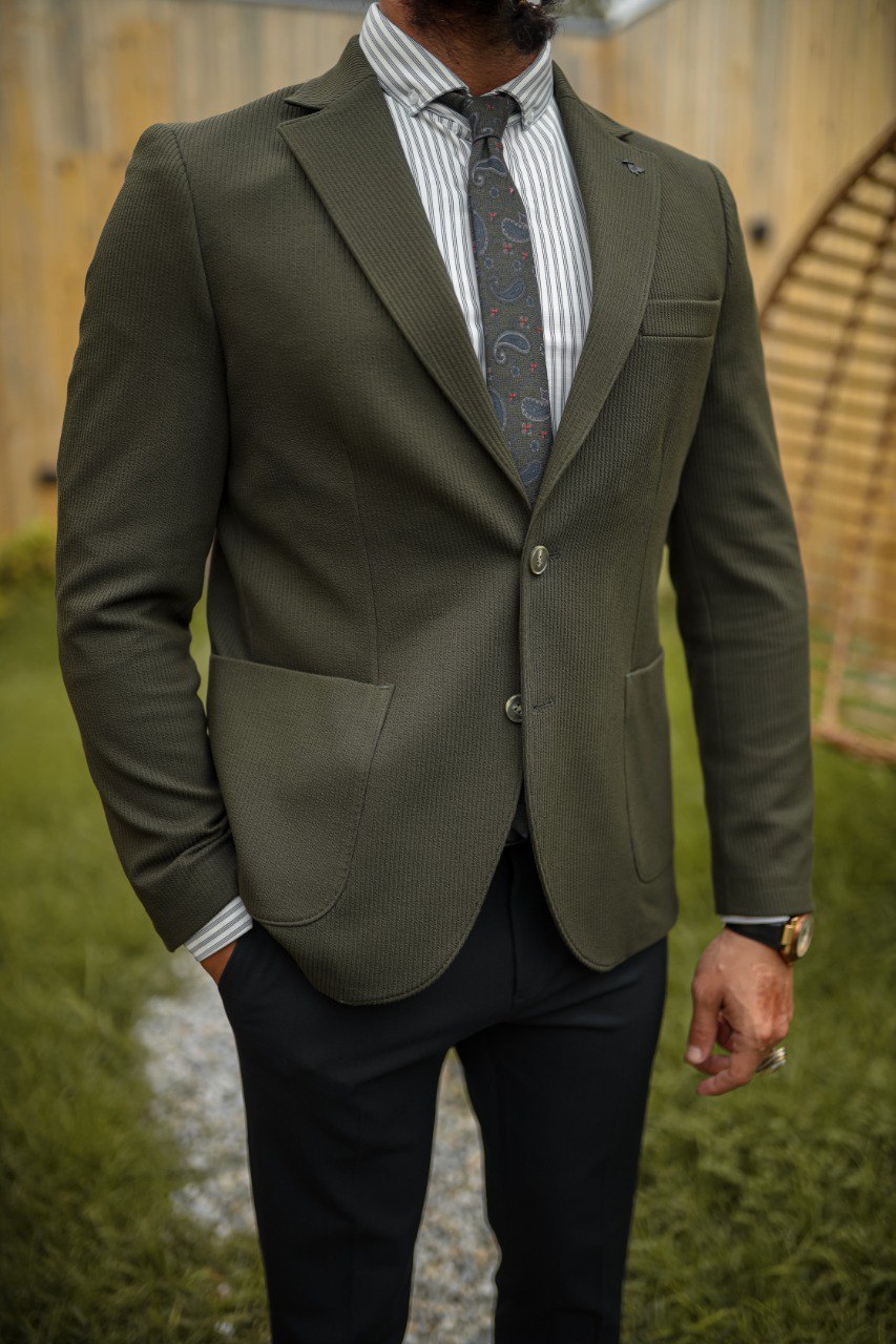 Men’s Khaki Mono Collar Slim Fit Bag Pocket Suit