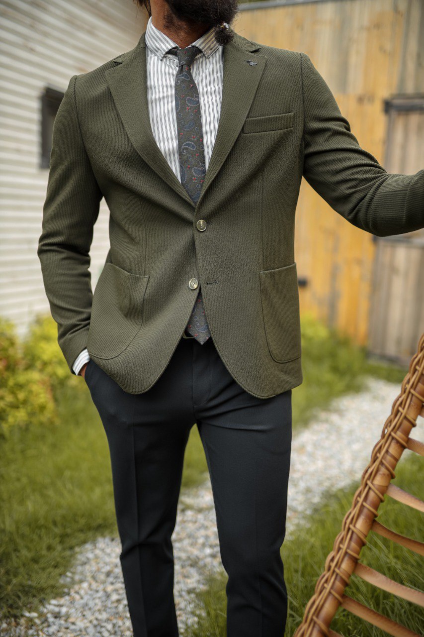Men’s Khaki Mono Collar Slim Fit Bag Pocket Suit