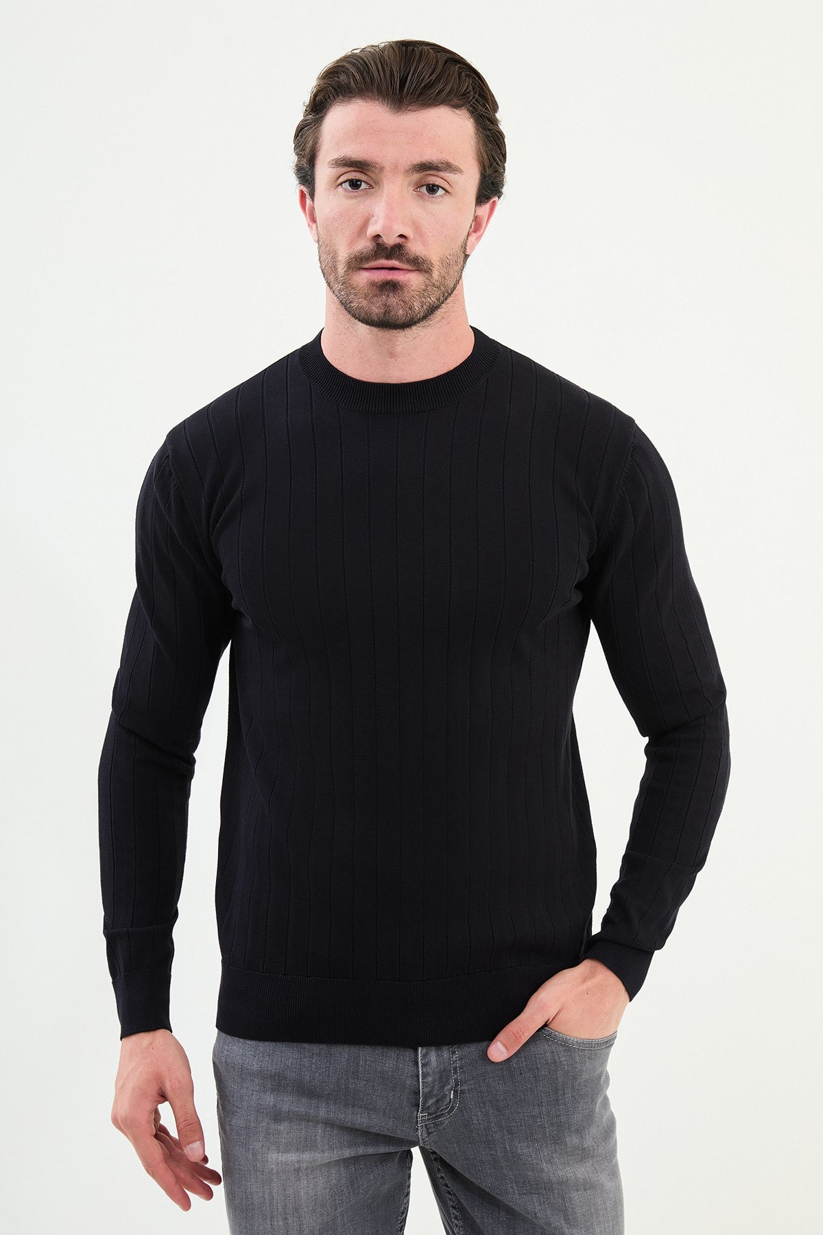 Men’s Navy Blue Ribbed Slim Fit Knitwear Sweater