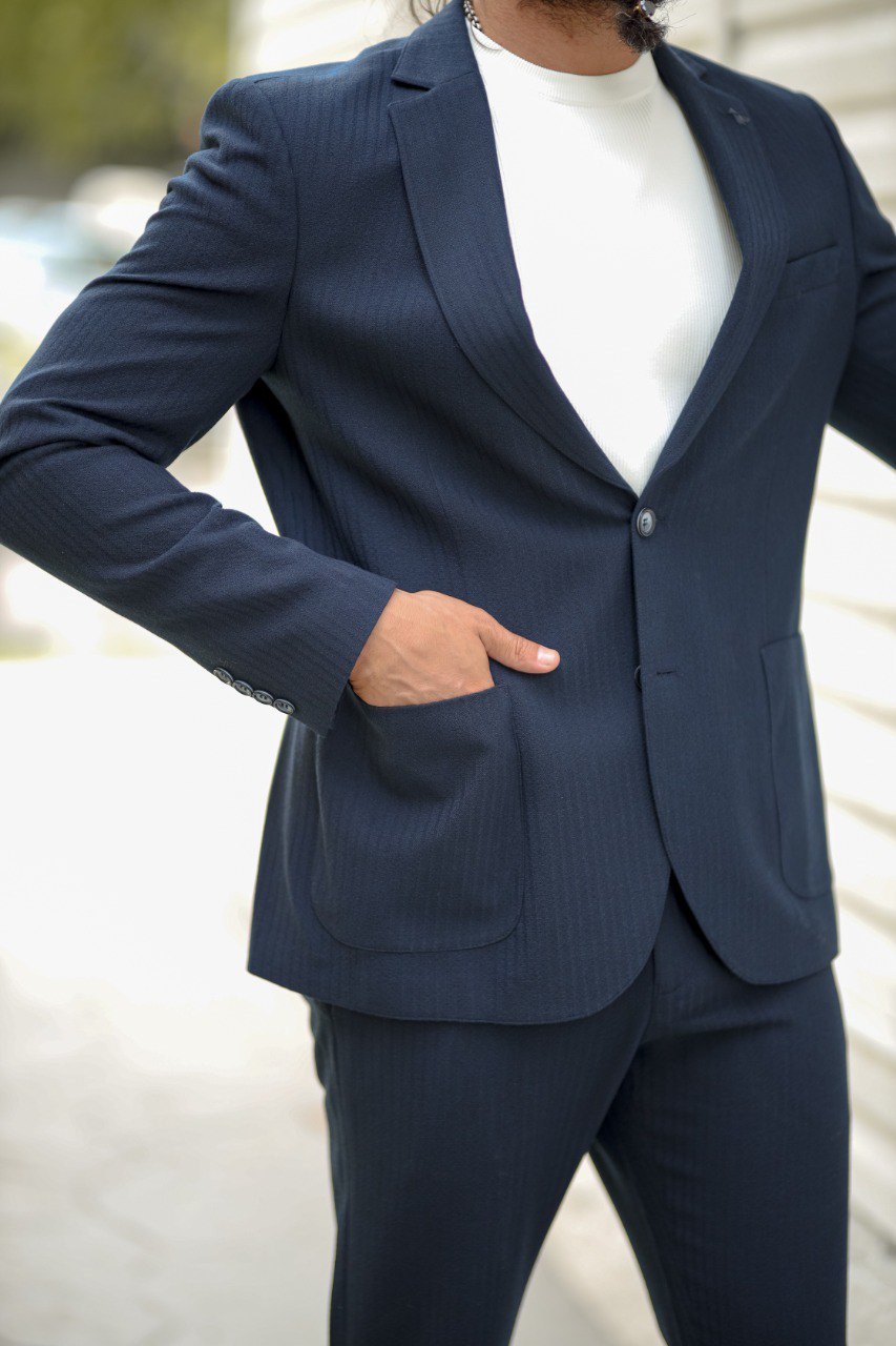 Men’s Navy Blue Seersucker Slim Fit Bag Pocket Sports Suit