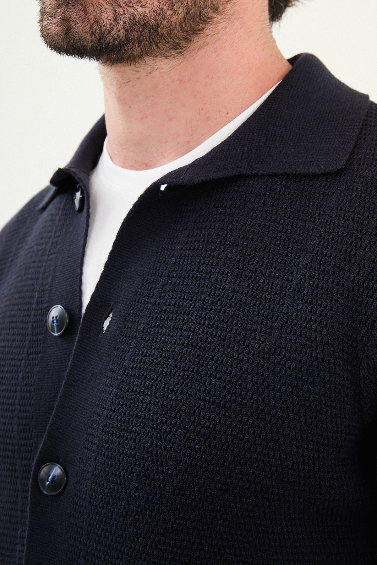 Men’s Navy Blue Textured Button-Up Knit Cardigan