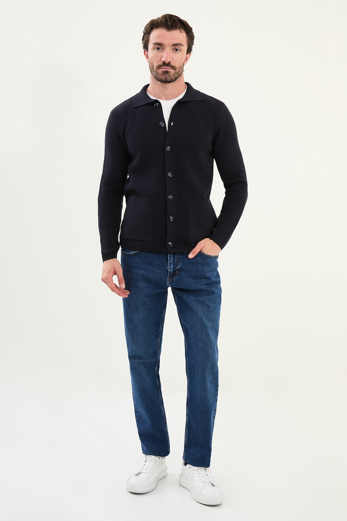 Men’s Navy Blue Textured Button-Up Knit Cardigan