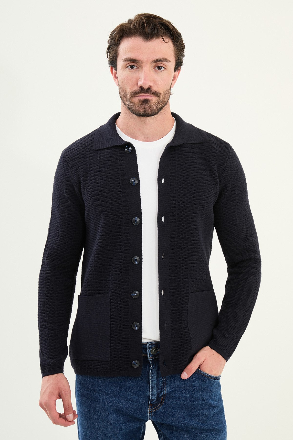 Men’s Navy Blue Textured Button-Up Knit Cardigan