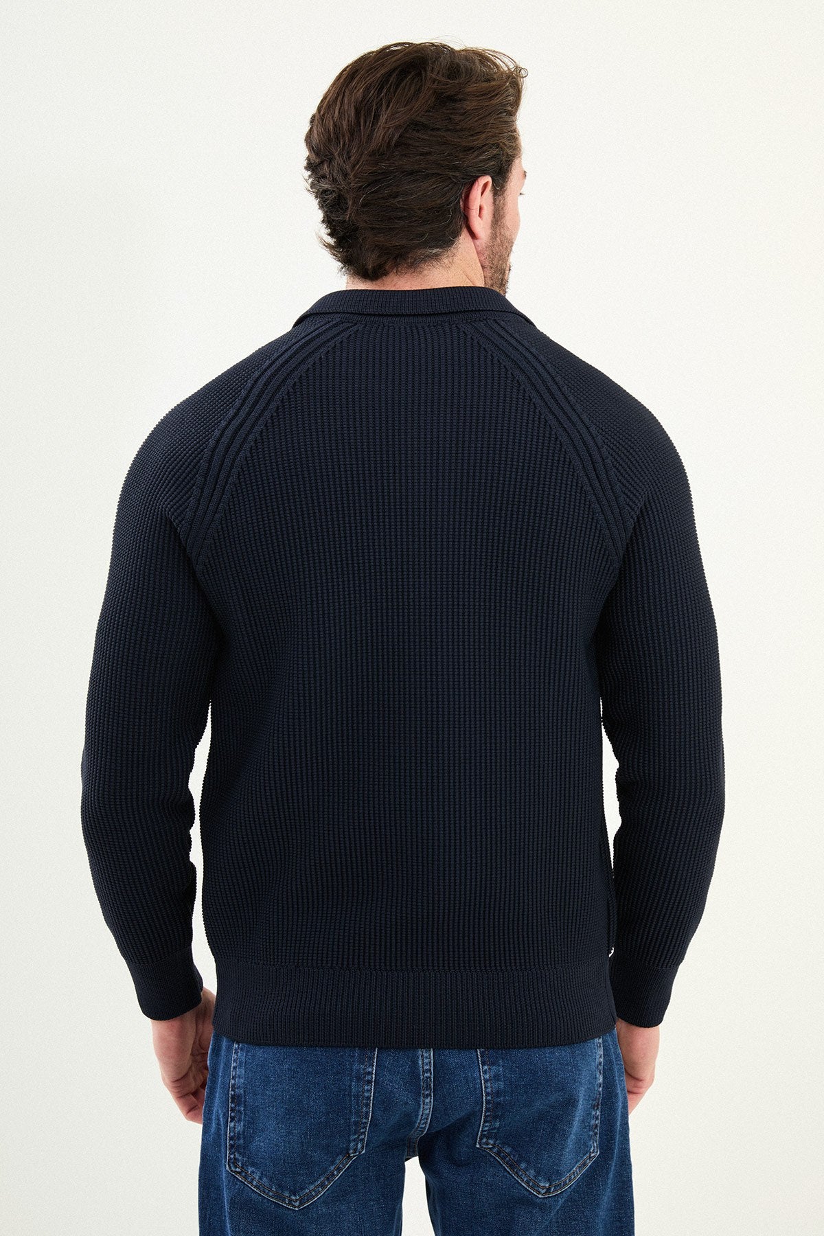 Men’s Navy Blue Zip-Up Slim Fit Knitwear Sweater
