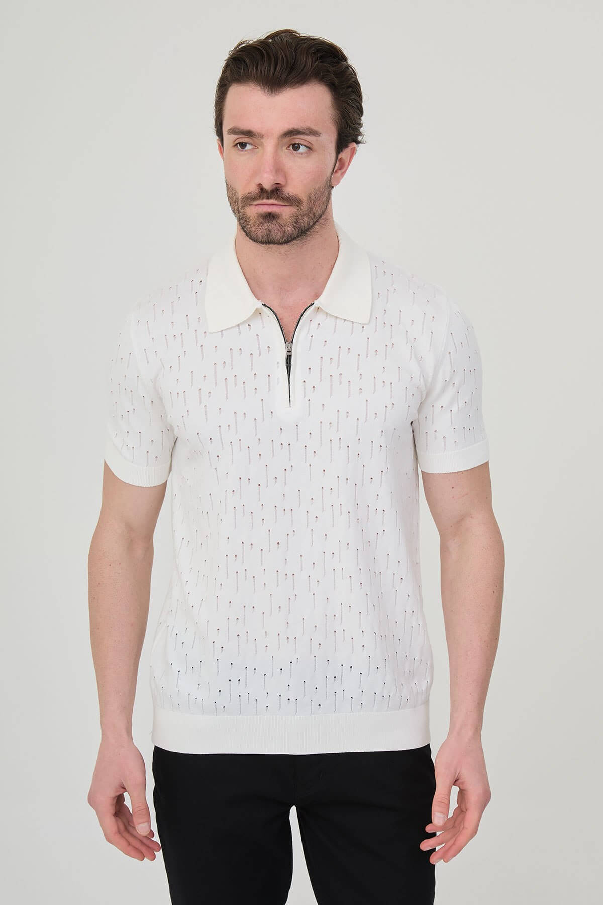Men's Off-White Textured Zip Polo T-Shirt – SUITHARBOR