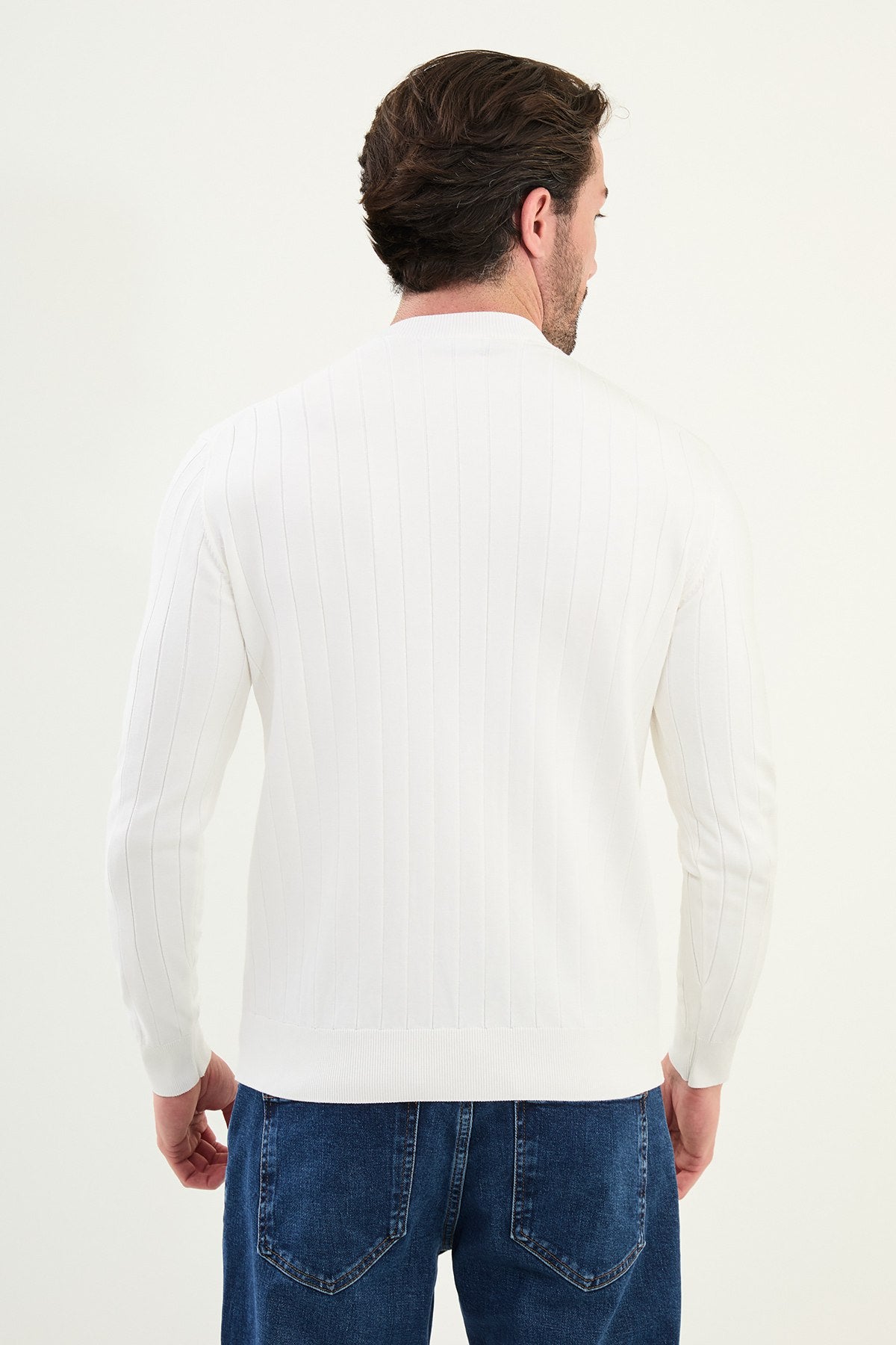 Men’s White Ribbed Slim Fit Knitwear Sweater