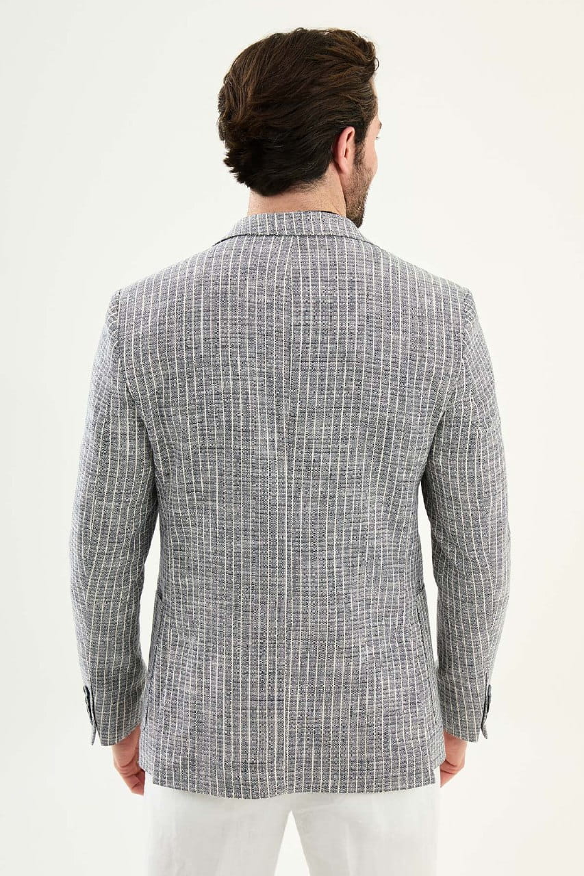 Navy Blue Slim Fit Linen Blend Windowpane Blazer