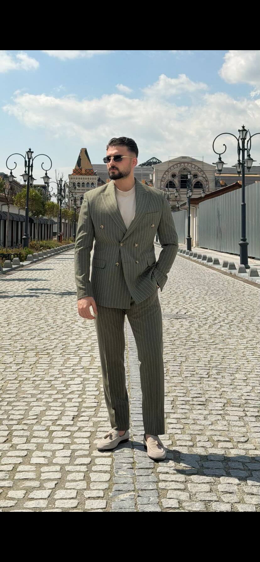 Olive Green Pinstripe Double-Breasted Men’s Suit