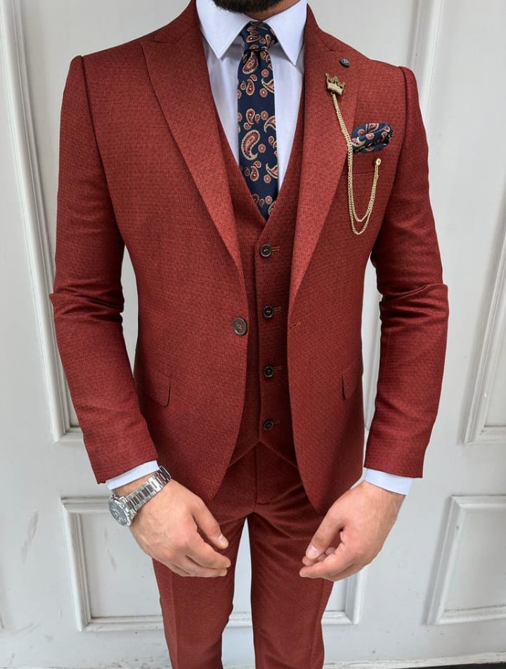 Red Slim Fit 3-Piece Suit for Men
