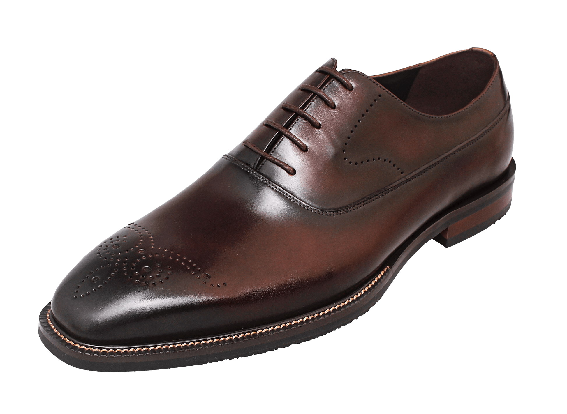 Close-up of men’s regal oxford shoes in rich brown leather with intricate brogue detailing, showcasing luxurious craftsmanship and a timeless design for formal wear.