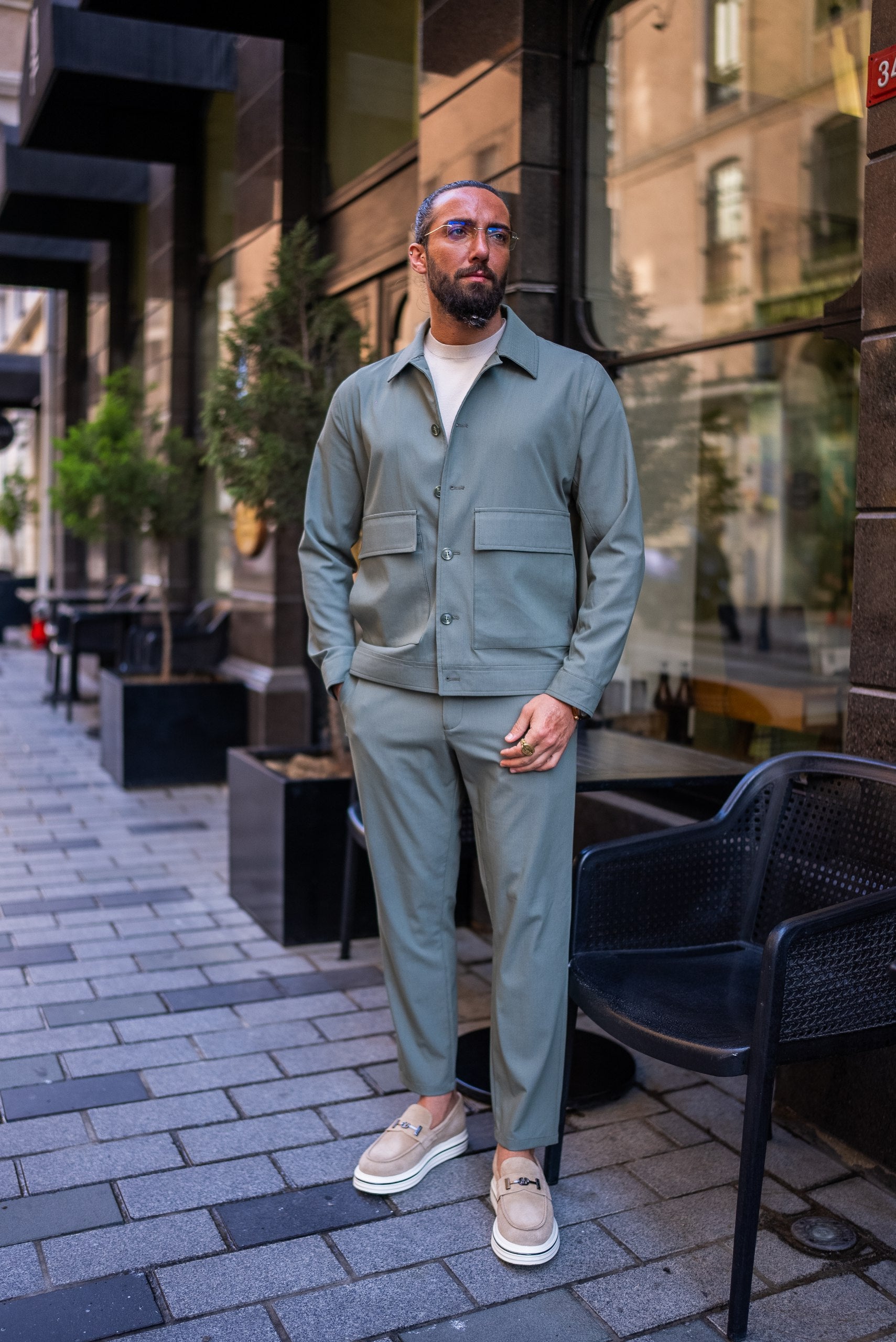 Tailored fit trousers and loafers for a relaxed smart casual style
