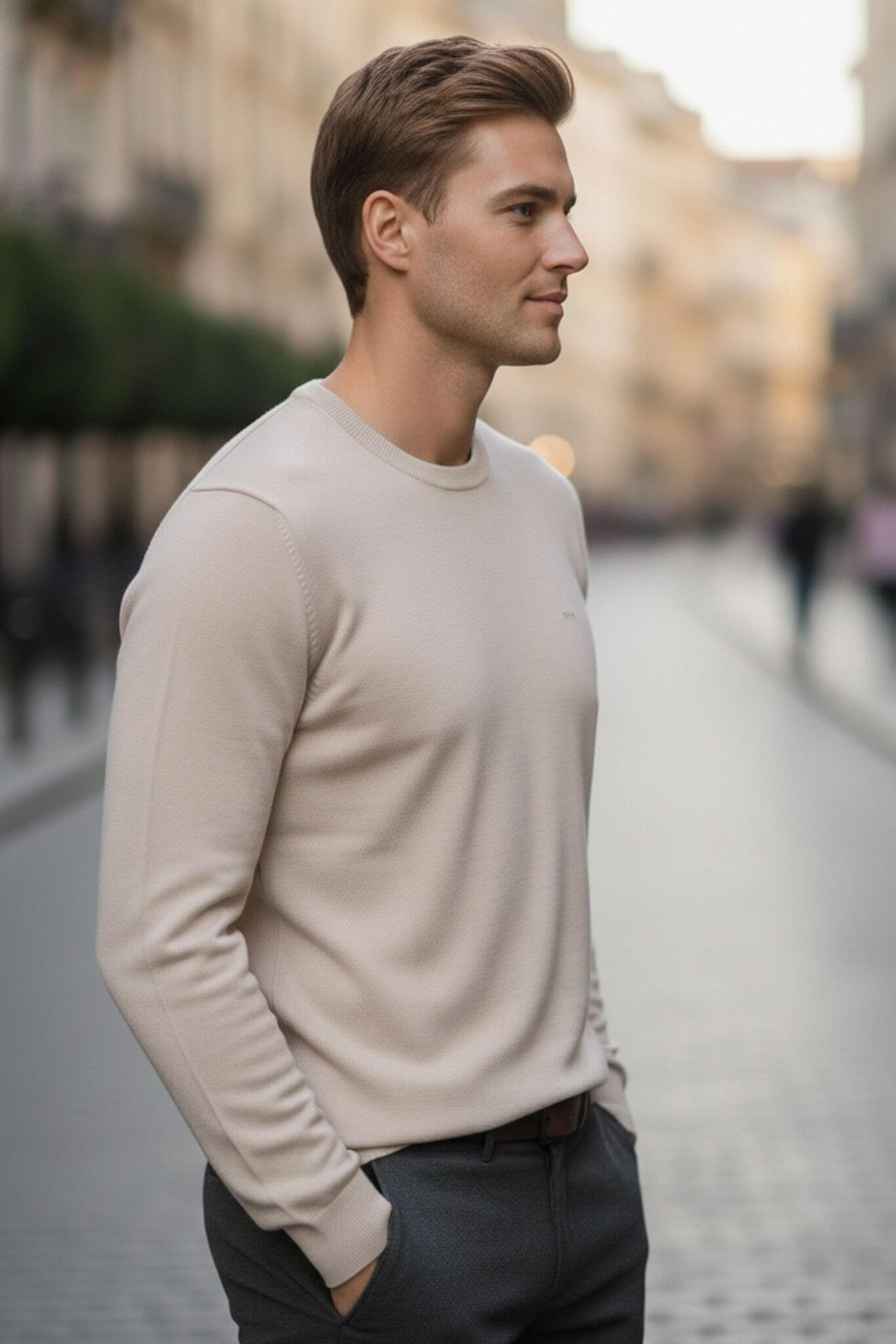Slim-fit Classic Crew Neck Sweater in Beige