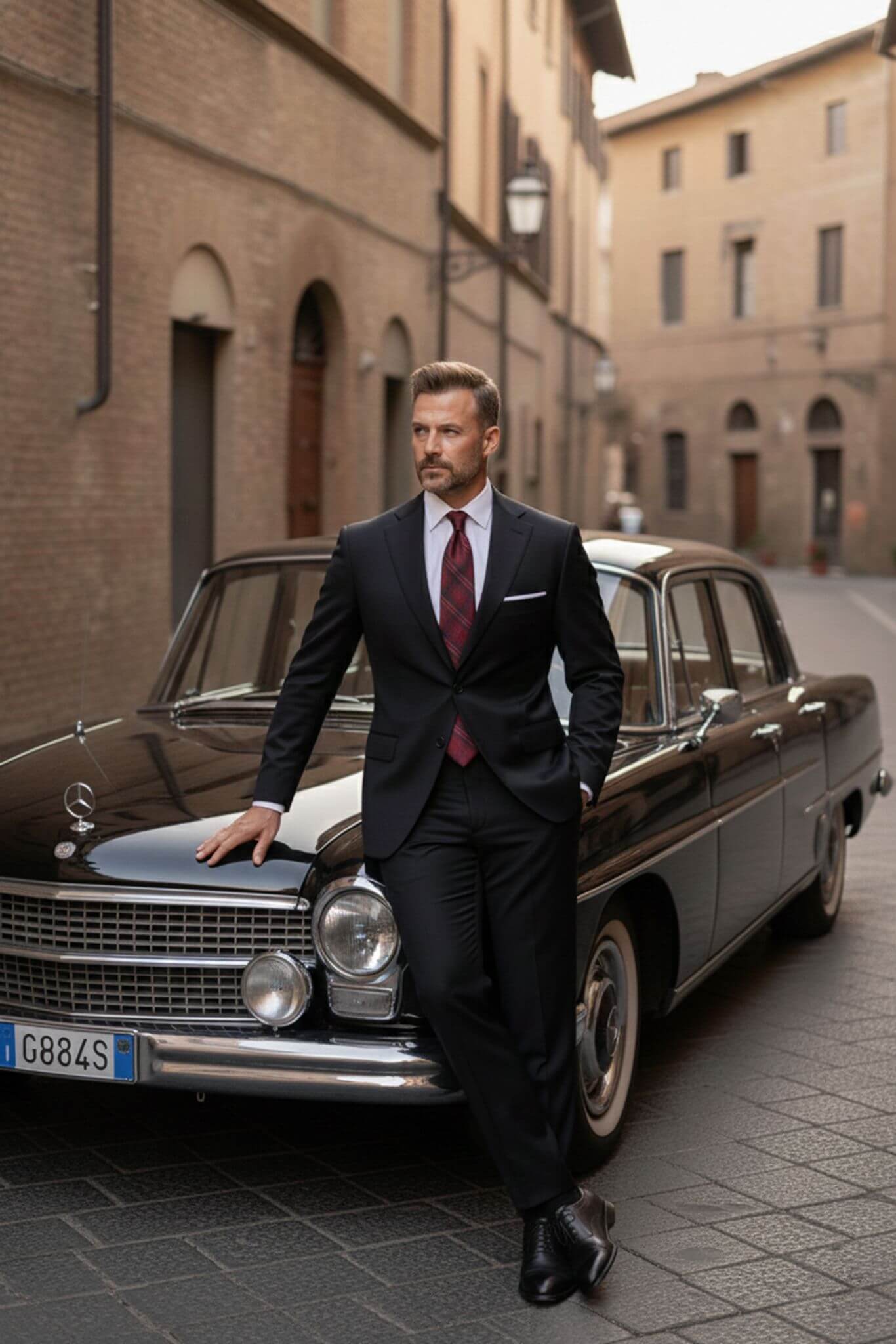 Man in a suit standing next to an old-fashioned car on a street.