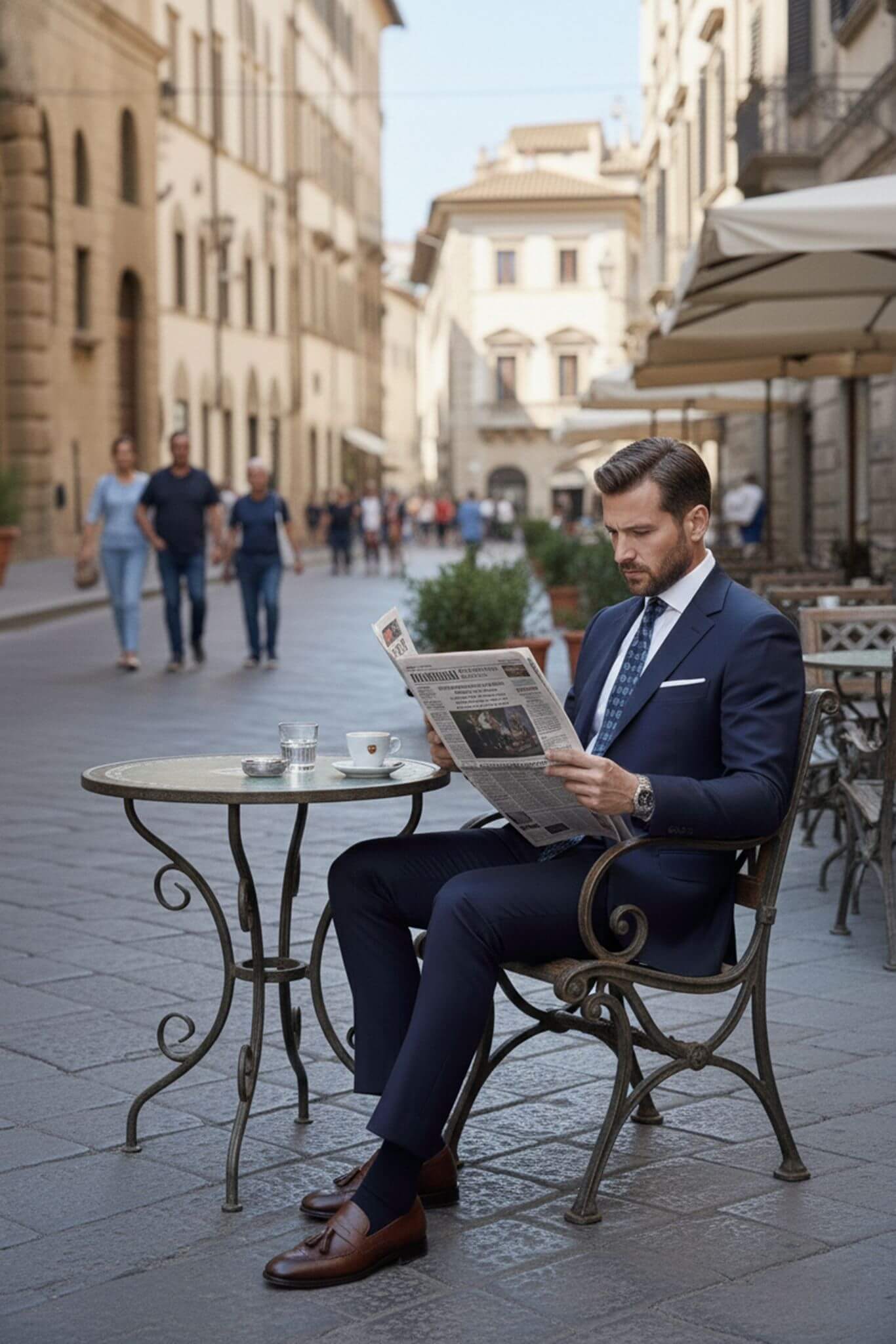 Man in a suit reading a newspaper on a city street.