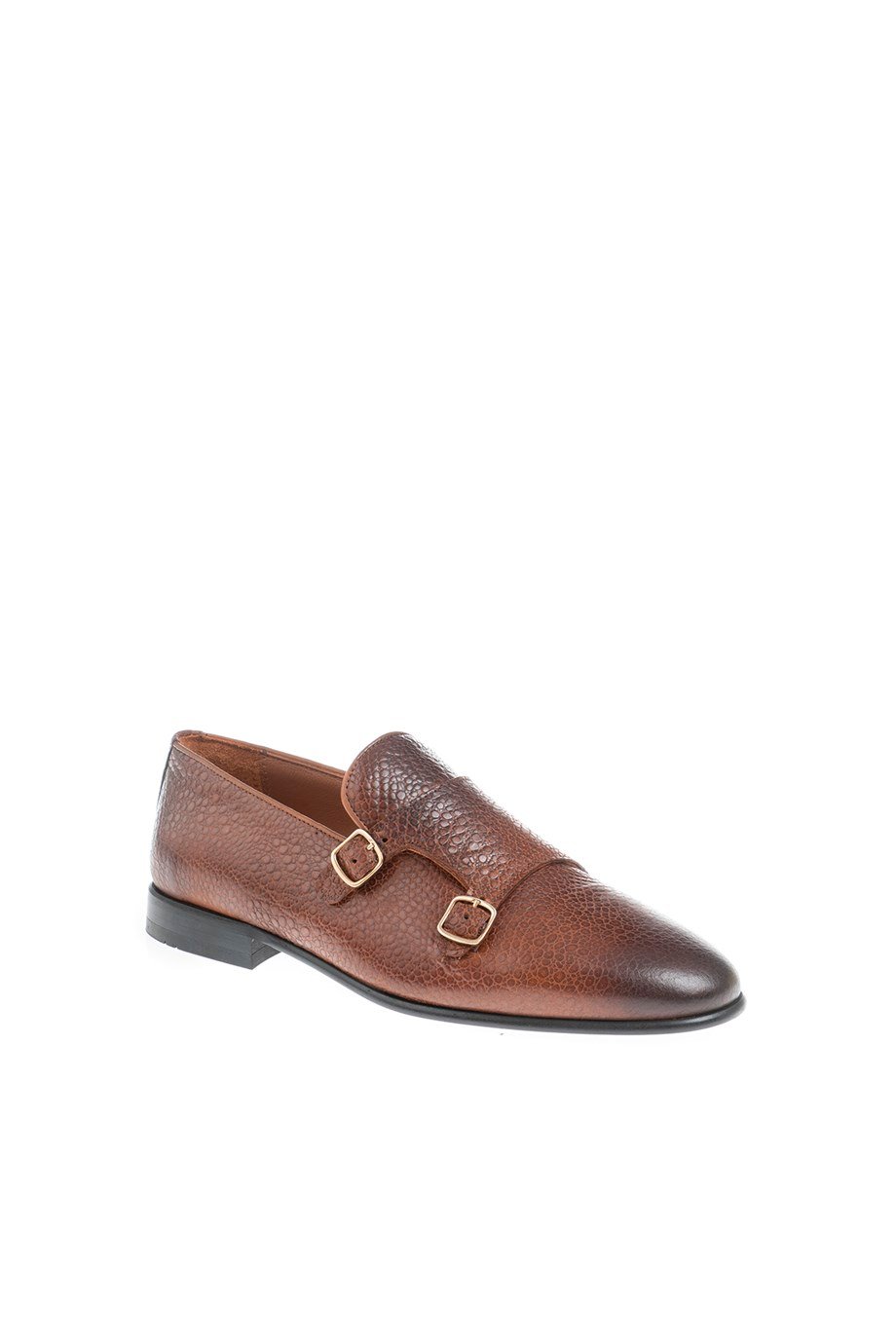 Men’s Brown Textured Leather Double Monk Strap Loafers