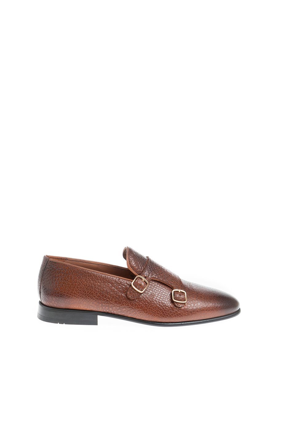 Men’s Brown Textured Leather Double Monk Strap Loafers