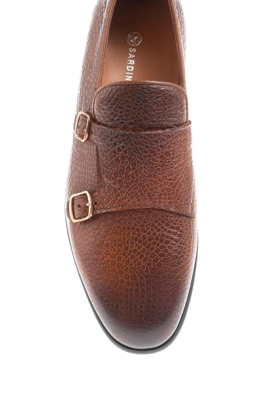 Men’s Brown Textured Leather Double Monk Strap Loafers