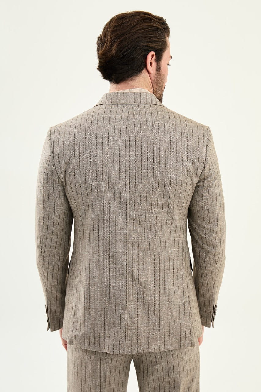 Taupe Brown Slim Fit Double-Breasted Blazer — Pinstripe