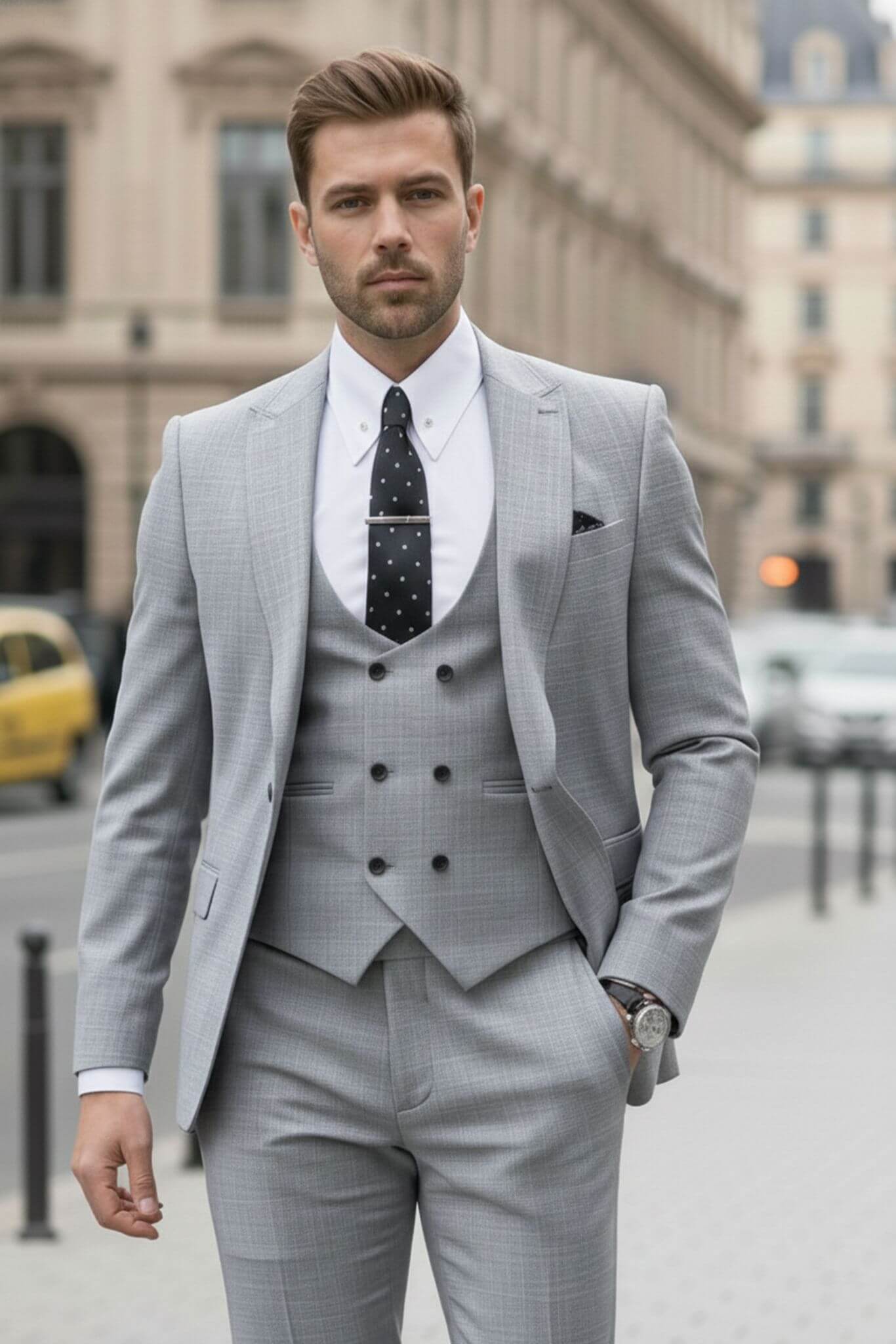 Man wearing a gray suit with a white shirt and black tie in an urban setting