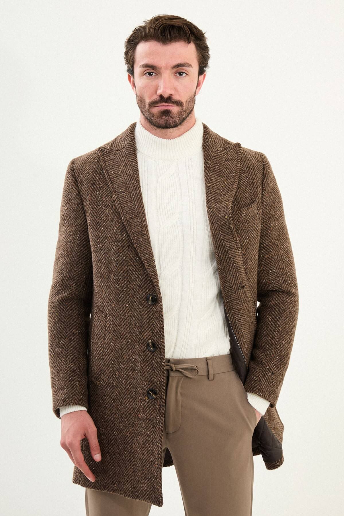 Beige Herringbone Wool Blend Overcoat - SUITHARBOR