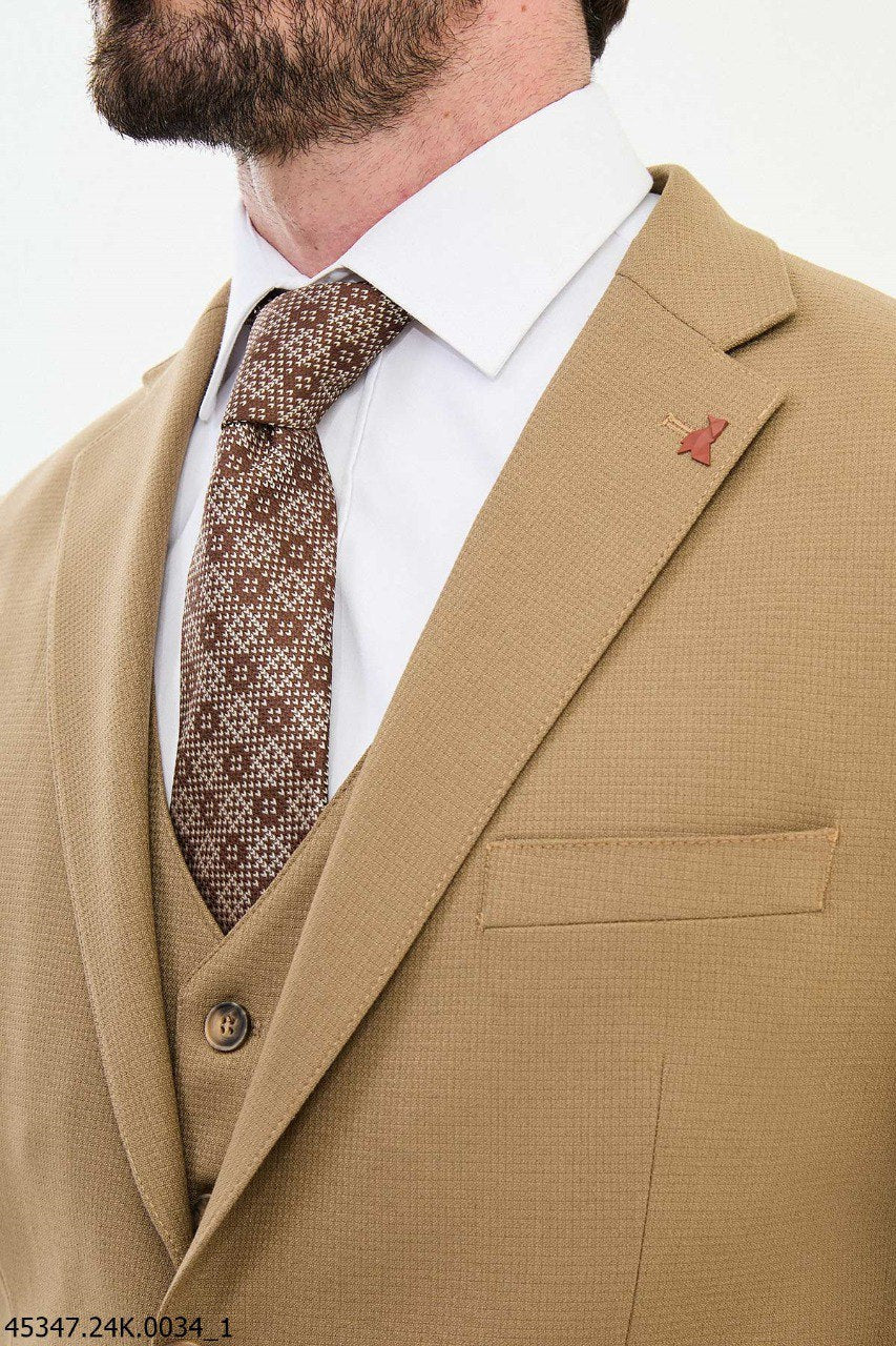 Beige Textured Men's Three - Piece Suit - SUITHARBOR