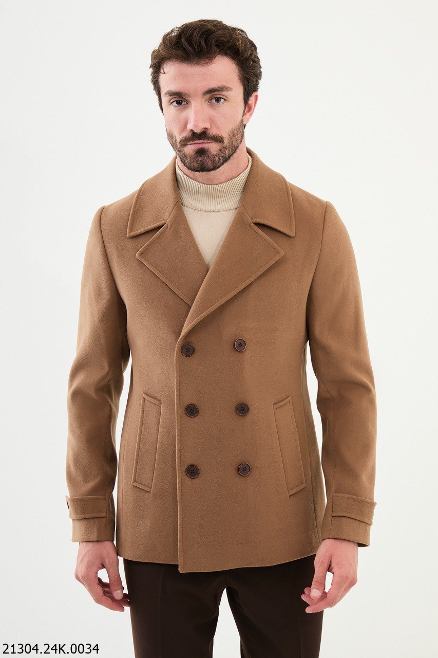Men's Camel Double-Breasted Pea Coat - Stylish Winter Jacket