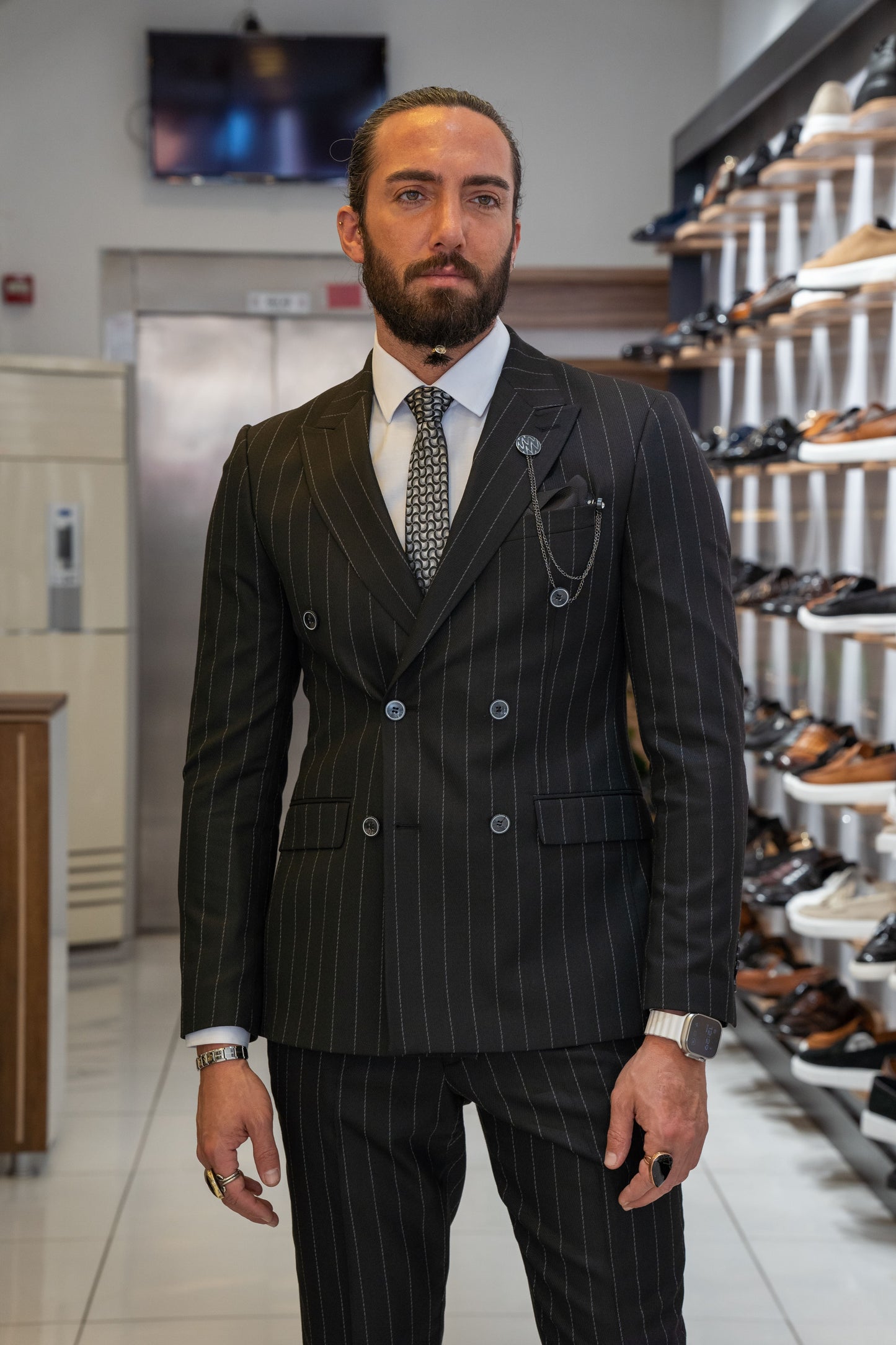 Black Pinstripe Double-Breasted Suit