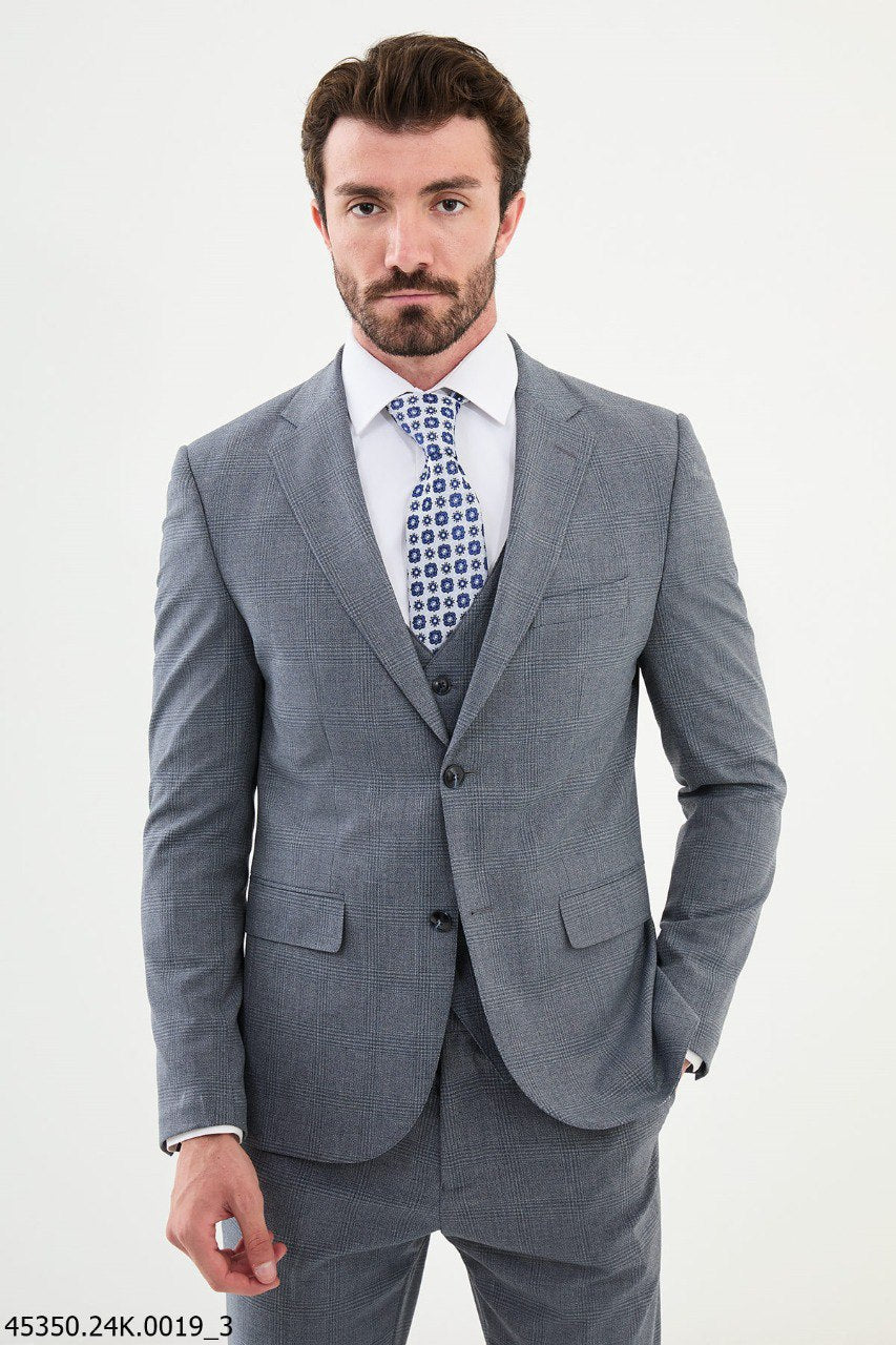 Light Gray Glen Plaid Suit with Blue Floral Tie  Modern Men's Formalwear EU50/US40 / 34W