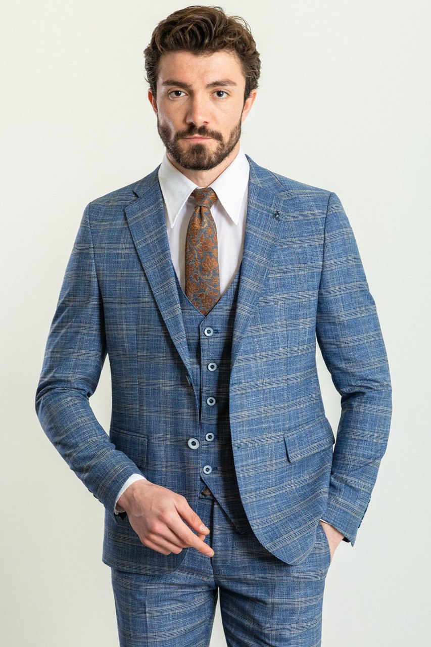 Man wearing an Azure Plaid 3-Piece Suit with a notched collar, flap pockets, and a slim fit, perfect for weddings and business meetings.