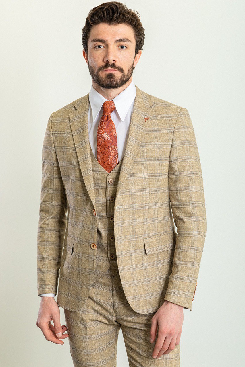 Man wearing a Sandstone Check 3-Piece Suit with a notched collar, flap pockets, and slim fit, perfect for weddings and formal events.