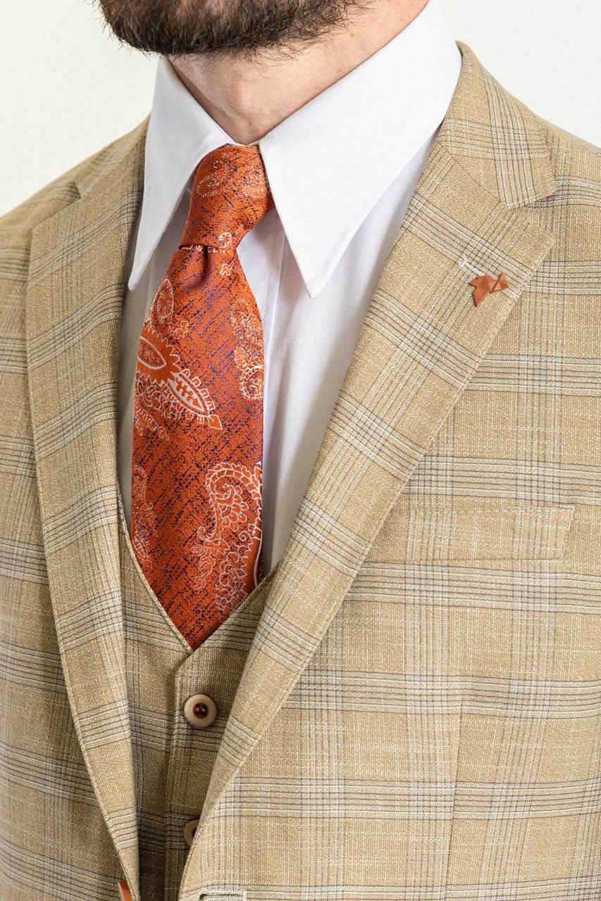 Man wearing a Sandstone Check 3-Piece Suit with a notched collar, flap pockets, and slim fit, perfect for weddings and formal events.