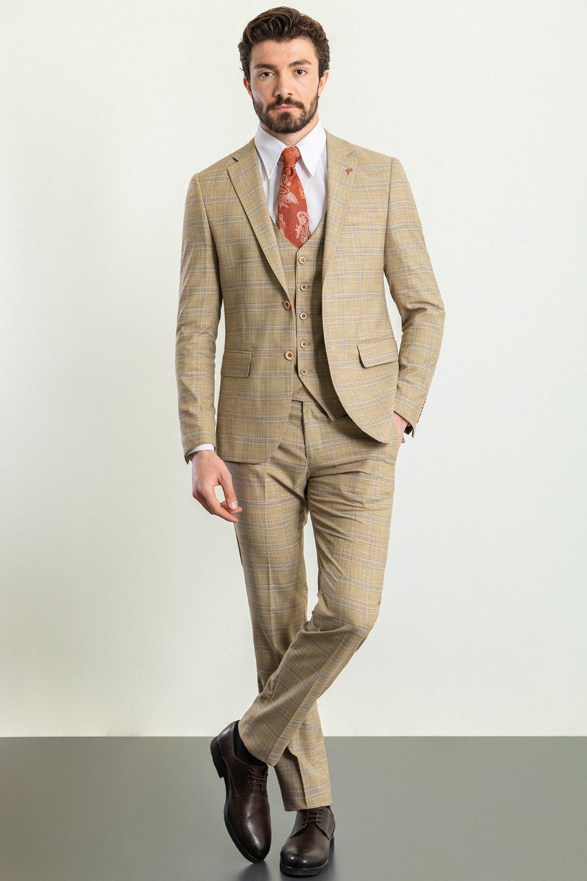 Man wearing a Sandstone Check 3-Piece Suit with a notched collar, flap pockets, and slim fit, perfect for weddings and formal events.