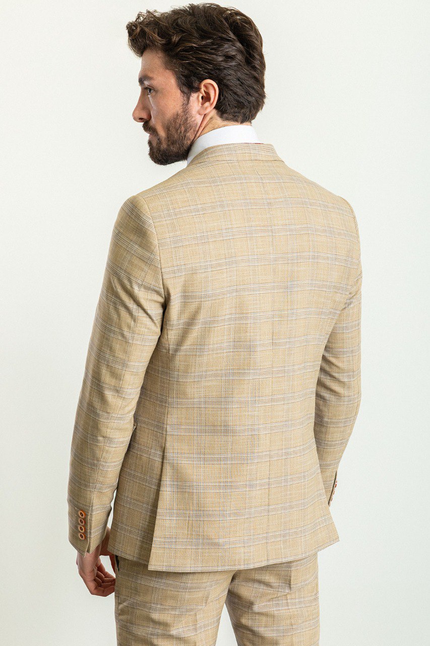 Man wearing a Sandstone Check 3-Piece Suit with a notched collar, flap pockets, and slim fit, perfect for weddings and formal events.