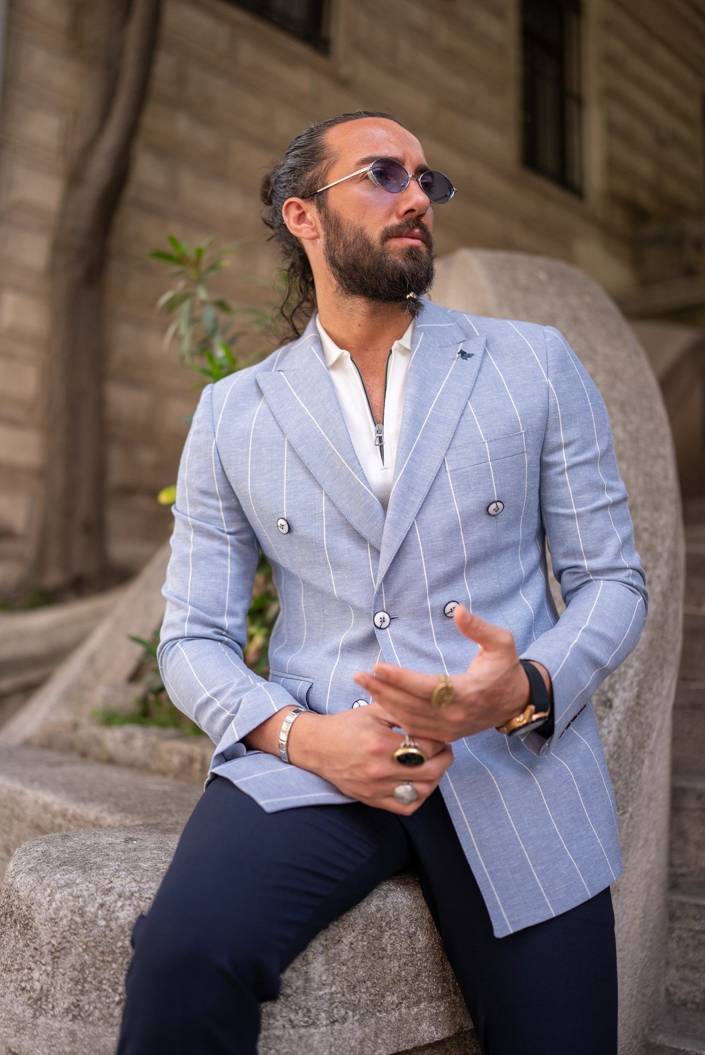 Blue Wool Double-Breasted Blazer