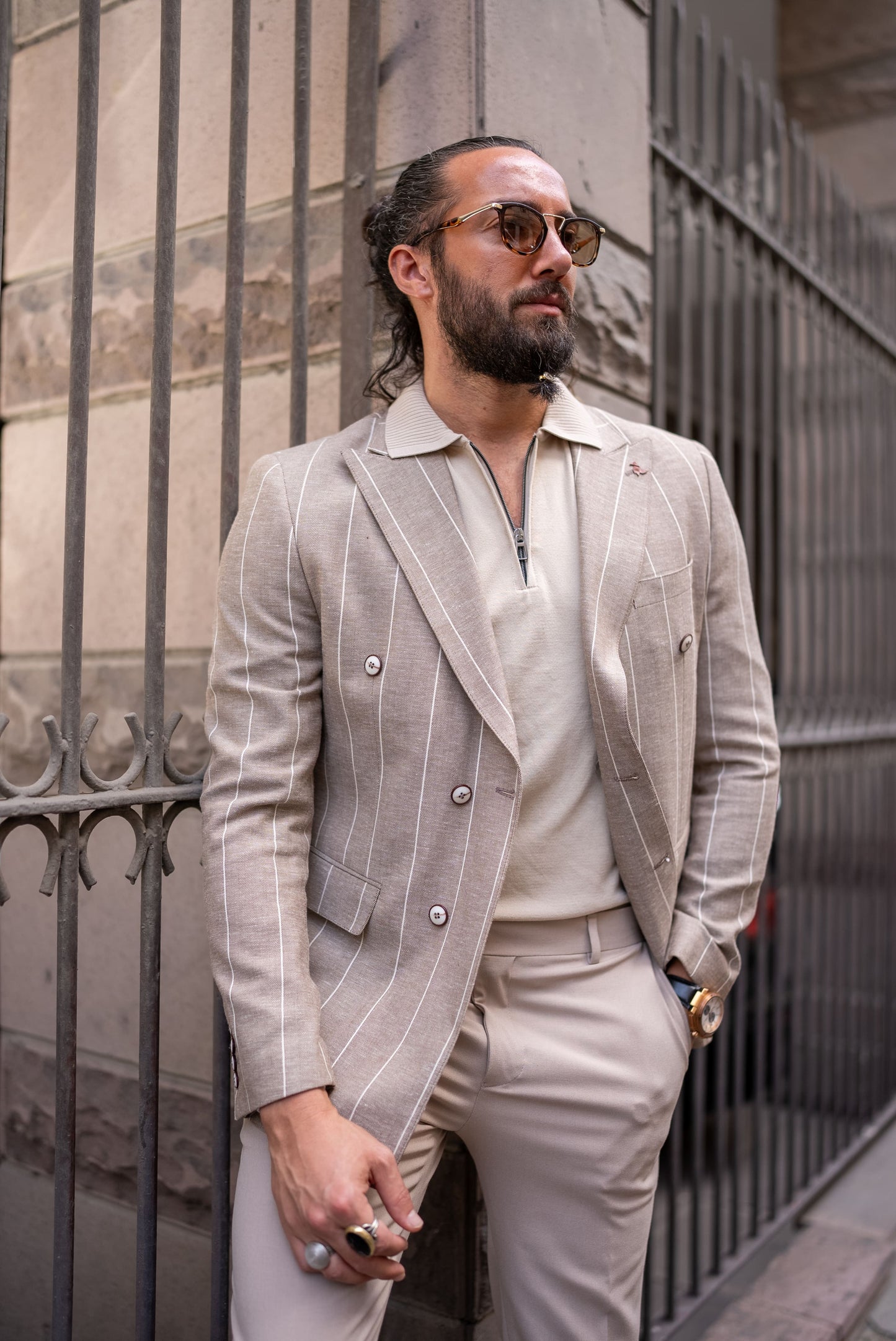 Beige Wool-Blend Double-Breasted Blazer