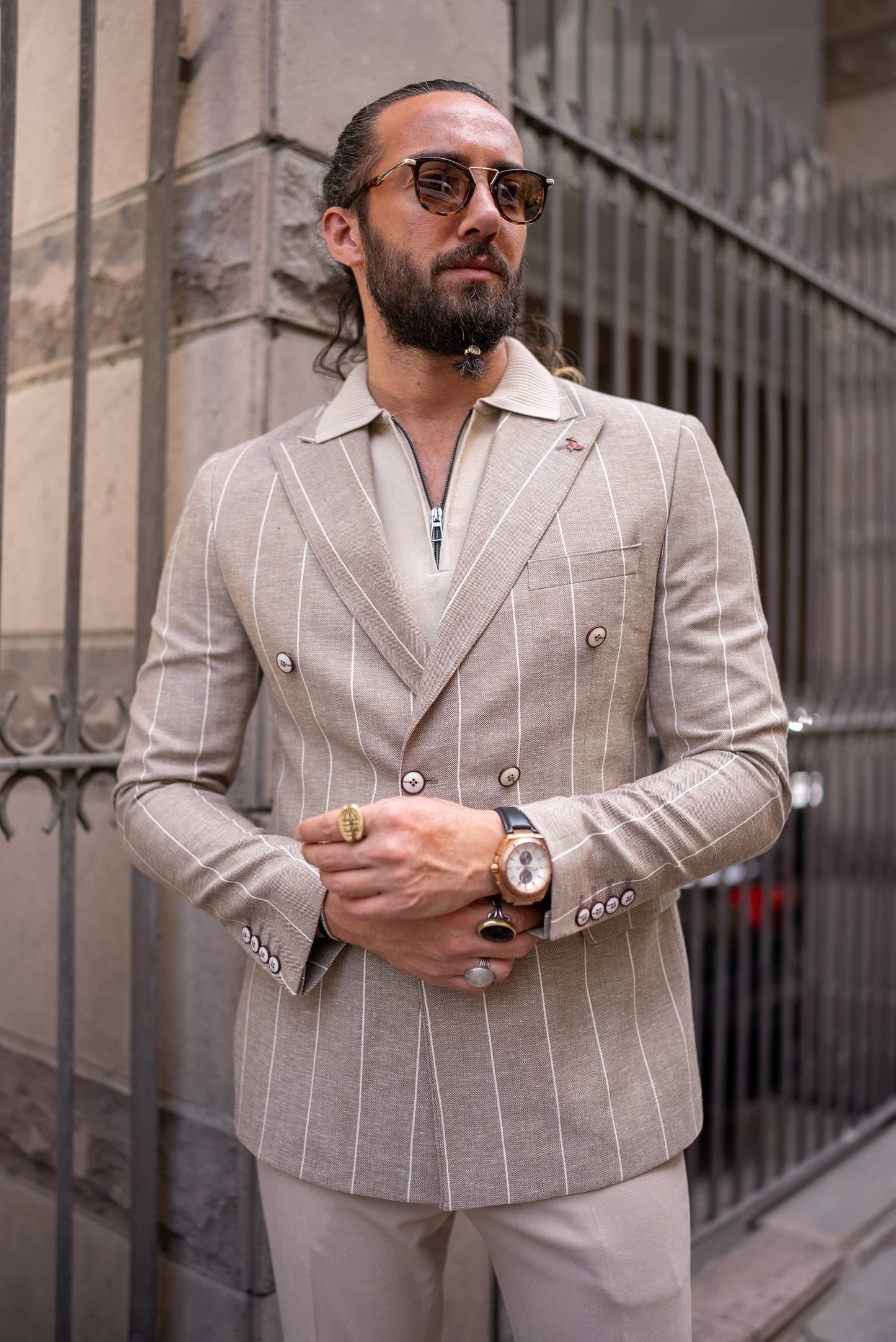 Beige Wool-Blend Double-Breasted Blazer