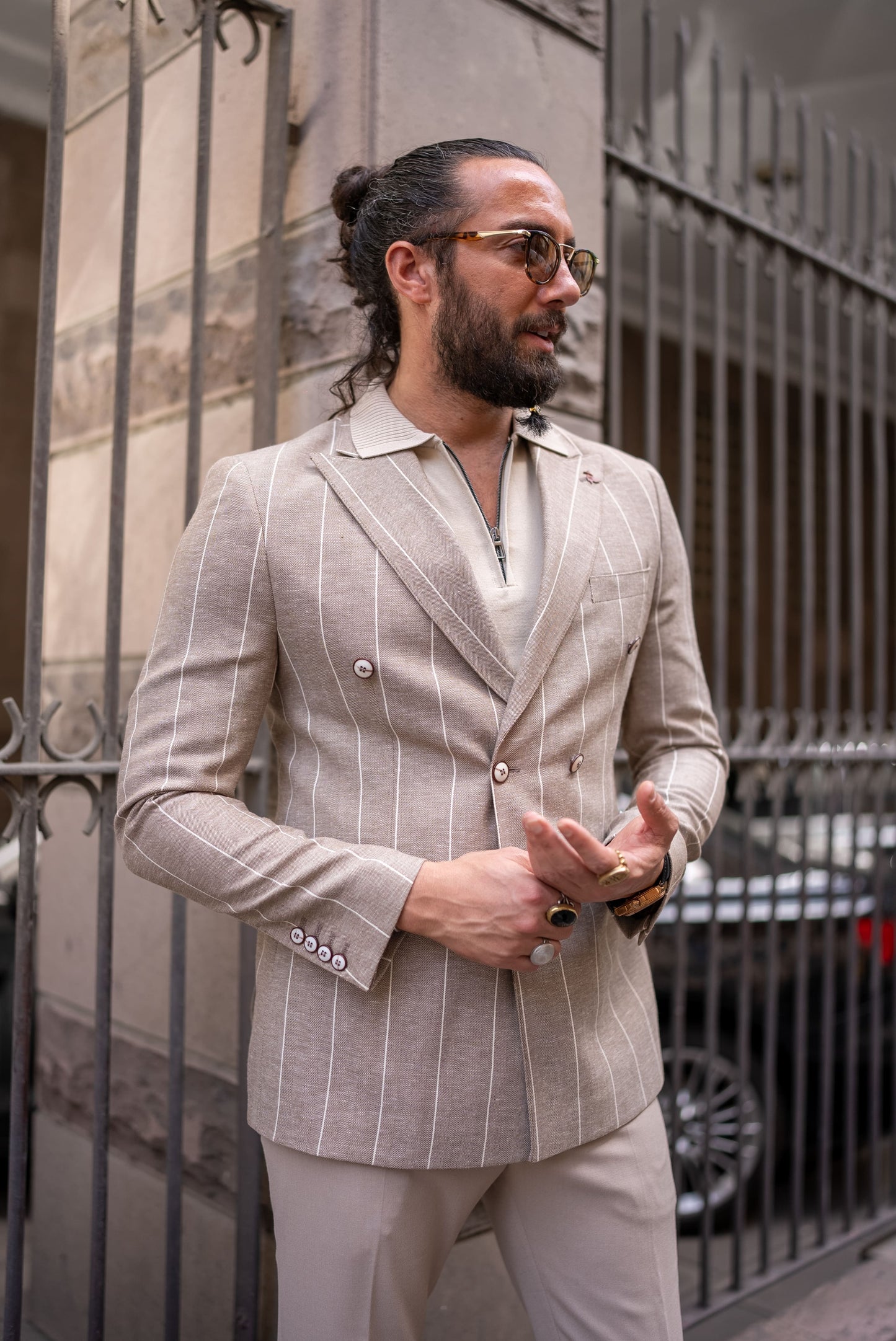Beige Wool-Blend Double-Breasted Blazer