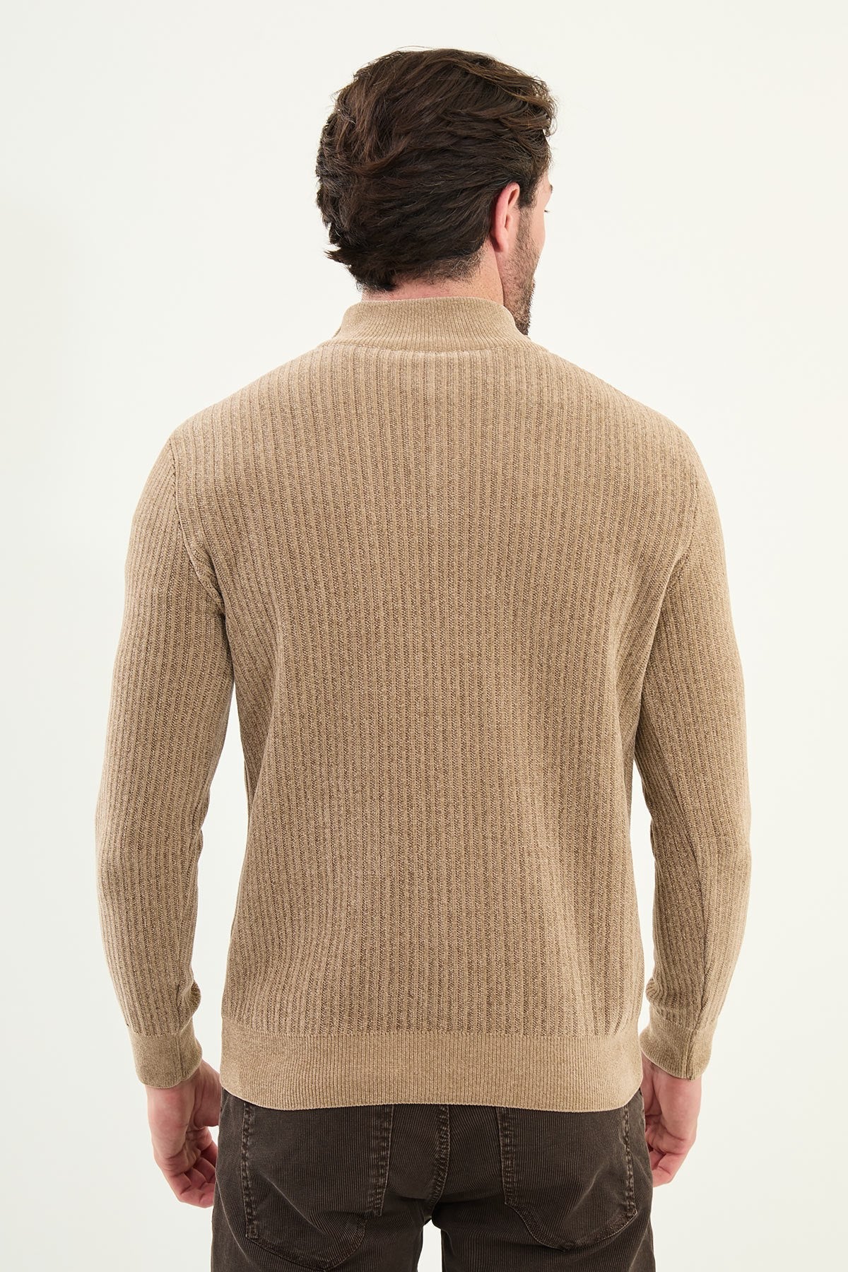 Men’s Beige Ribbed Half - Zip Knitwear Sweater - SUITHARBOR