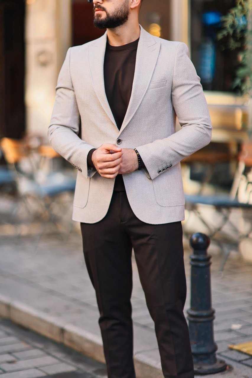 Men’s Beige Slim Fit Mono - Collar Textured Jacket - SUITHARBOR