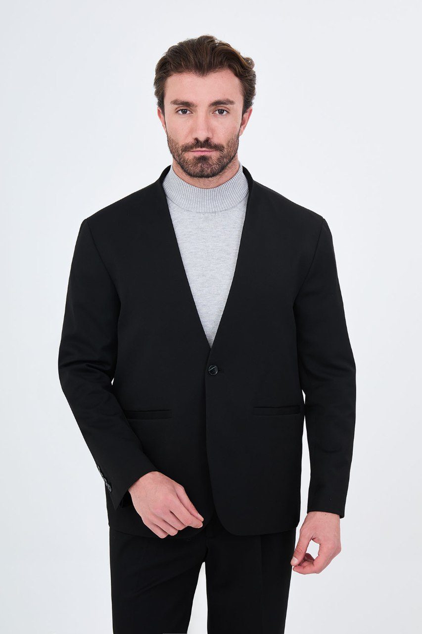 Men's black collarless one-button two-piece suit close front view