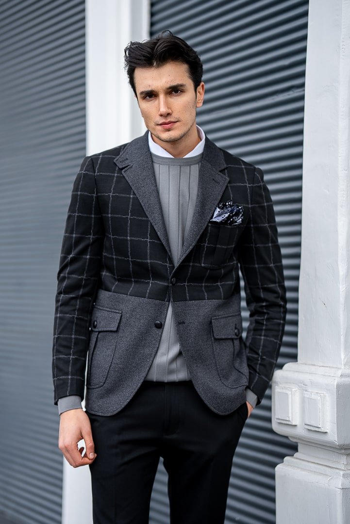 grey dress pants black jacket Men’s Black and Grey Checkered Blazer – Windowpane Tailored Jacket EU46/US36