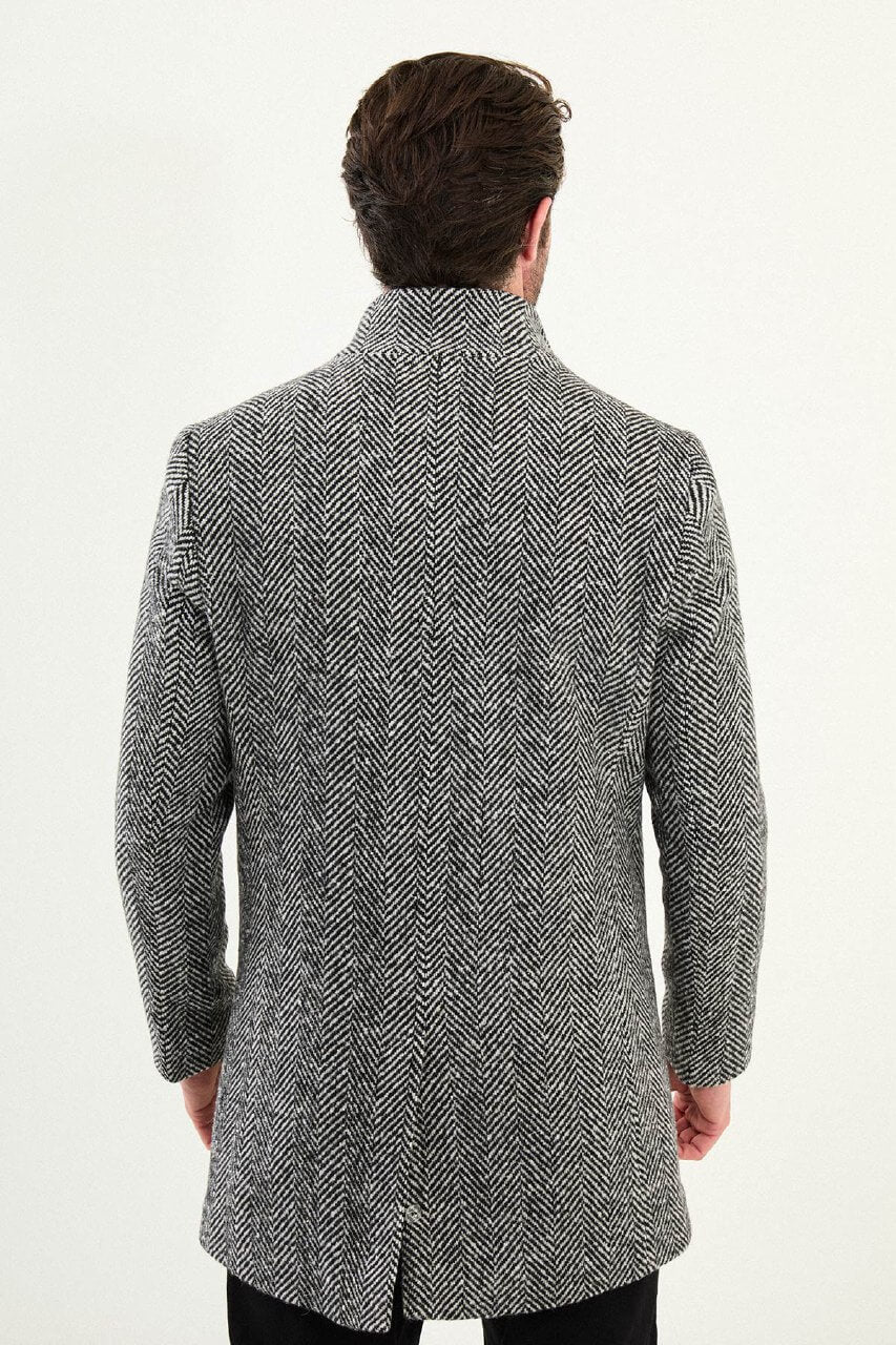 Men’s Black Herringbone Double Breasted Wool Overcoat - SUITHARBOR
